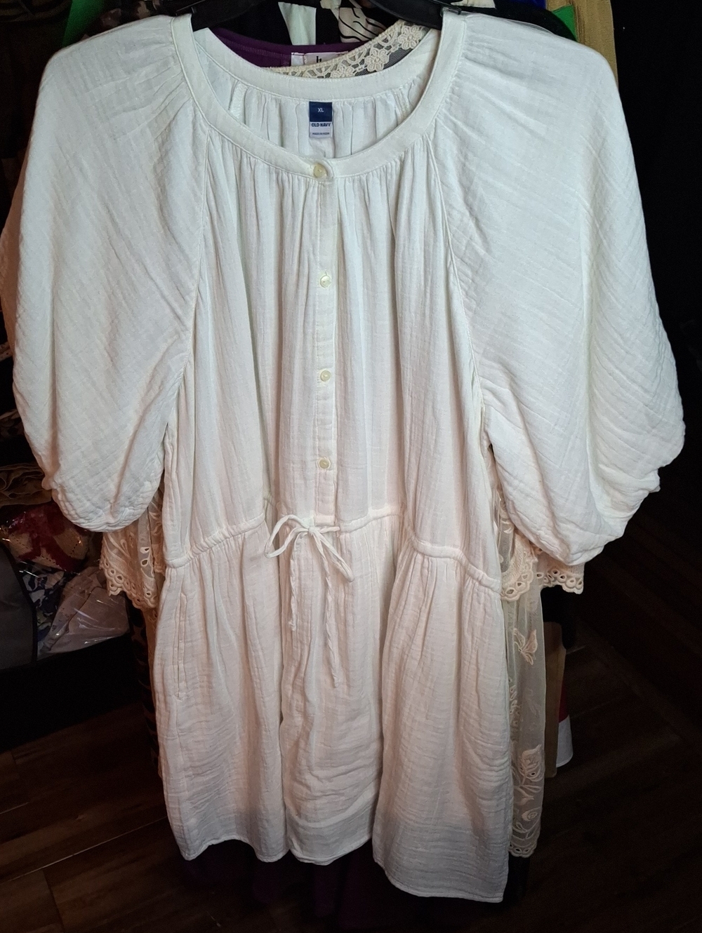 Old Navy Creamy White Button Front Puff Sleeves  Peasant Tunic Drawstring New XL